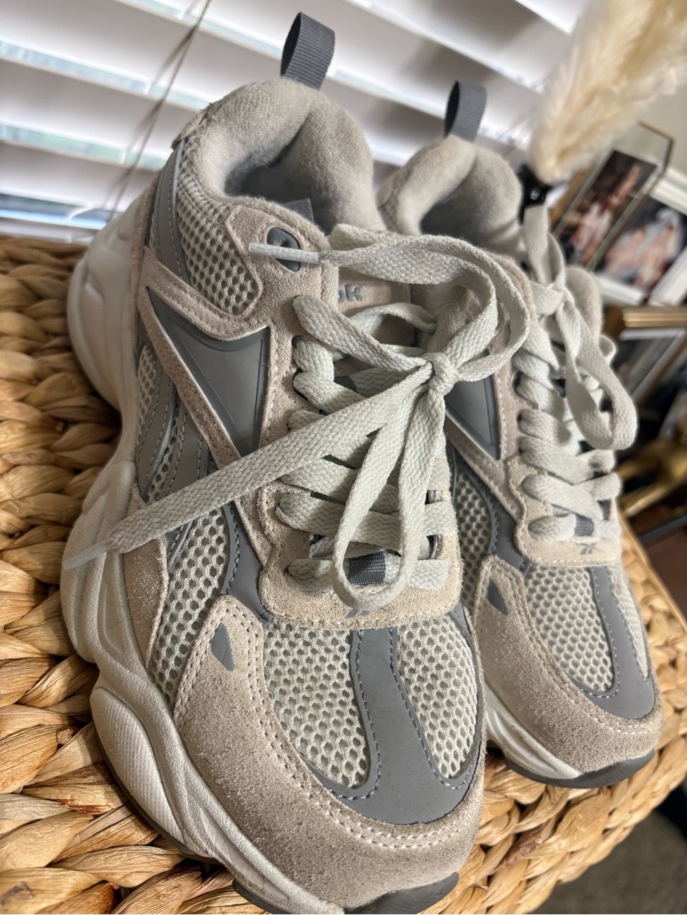 Reebok Chunky Mesh & Suede Sneakers in Light Gray and Beige